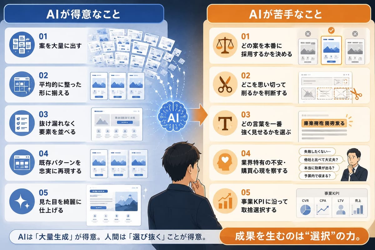 「AIが得意なこと」（案を大量に出す・平均的に整える・見た目を綺麗にするなど）と「AIが苦手なこと」（どの案を採用するか・どこを削るかなど）。「成果を生むのは"選択"の力」
